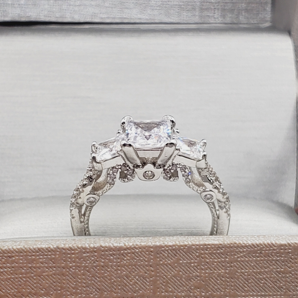 Past Present Future Princess Cut Diamond Simulant Three Stone Silver Tone Ring - Picture 3 of 7